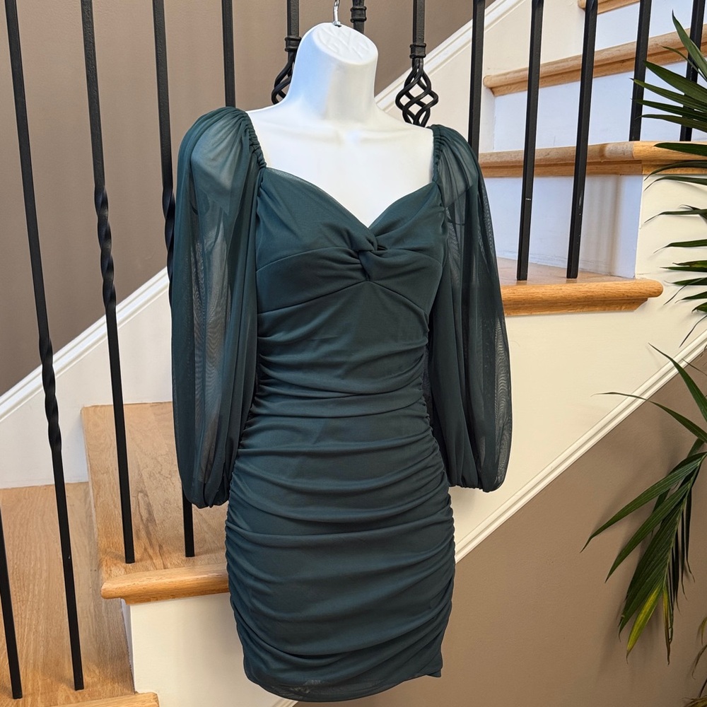 Short pine green party dress Size S long sleeves ruched bow St. Patrick’s Easter
